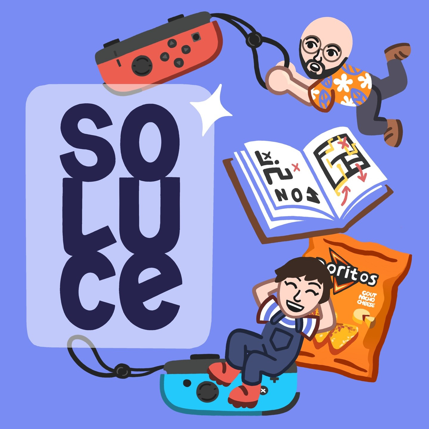 Visuel du podcast Soluce, avec les animateurs illustrés, entourés d'une manette de Switch, d'un livre avec la soluce et d'un paquet de Doritos, le tout illustré aussi.