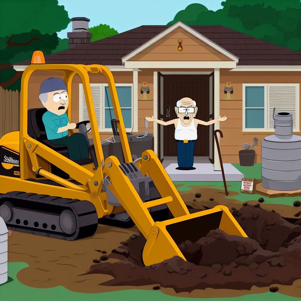 a small backhoe digging in a typical central florida backyard to replace the septic tank.  The homeowner, an older gentleman, standing with his arms in the air, a cane in one hand yelling at the backhoe operator \\\'Get out of my yard!\\\'. Add a speech bubble with the gentleman yelling \\\'Get out of my yard!\\\'. Add a sign or a label that indicates the backhoe operator is replacing a septic system. Make it in the style of southpark.