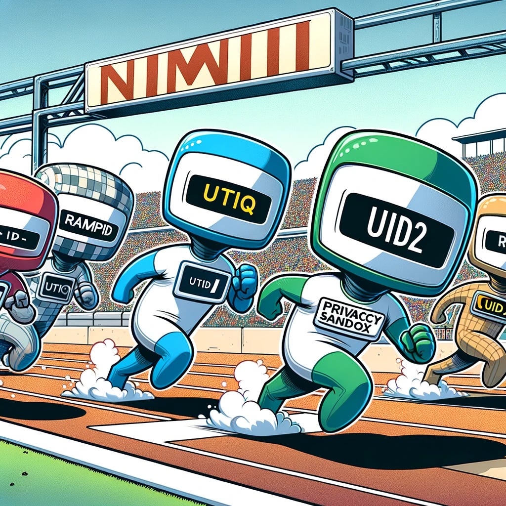 A cartoon-style race depicting digital identifiers: RampID, utiq, Privacy Sandbox, and UID2, on a racetrack. This time, ensure the characters have clear, large labels of their names visible on them or above them in speech bubbles. UID2 is leading the race, showing its dominance. The characters are in a more detailed and clearer style, making it easy to distinguish each digital identifier. The track is vibrant, filled with digital motifs to emphasize the technology theme. The scene conveys a sense of dynamic competition, with UID2 slightly ahead, highlighting its leading position in a friendly, competitive atmosphere.