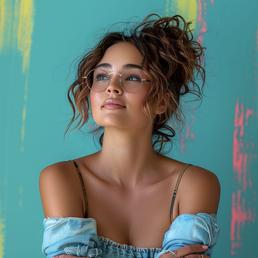 A woman with her arms crossed, wearing eye glasses and accessories with contrasting vivid colors, portrait of woman with arms crossed looking up isolated on vivid contrasting single color background, high resolution photography, high quality