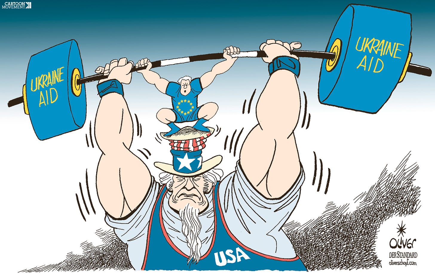 Cartoon showing Uncle Sam as a weight lifter. The weights are labeled "Ukraine aid". On top of Uncle Sams head there stands a tiny figure wearing a shirt with the EU flag, who is helping to lift the enormous weights.
