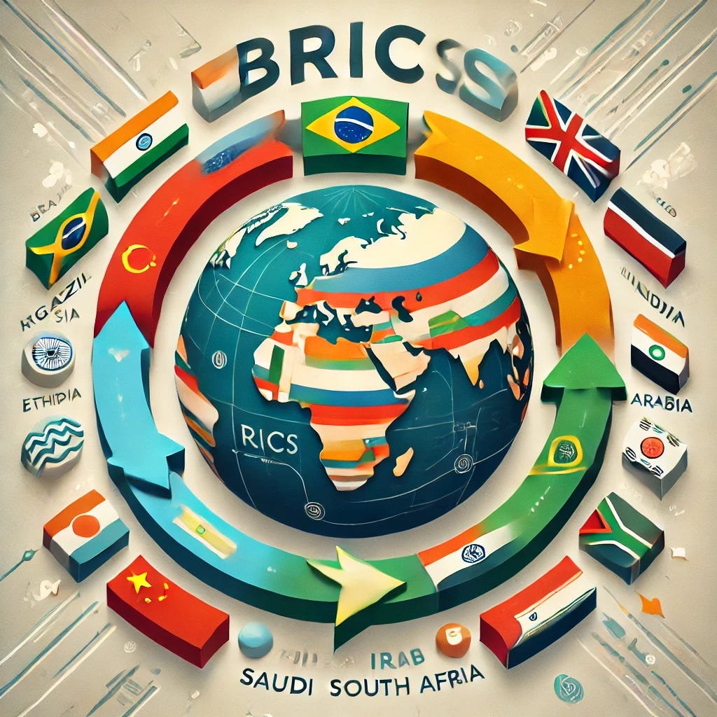 A professional, clean illustration showing the BRICS group expanding to include new countries and its global economic impact. The image features a globe at the center with flags of Brazil, Russia, India, China, and South Africa, as well as the newly added members (Argentina, Egypt, Ethiopia, Iran, Saudi Arabia, UAE). Arrows pointing outward represent global trade, oil, and food markets. Use soft, neutral colors and a modern design to convey economic shifts and global power balance. The image should feel informative and globally relevant.