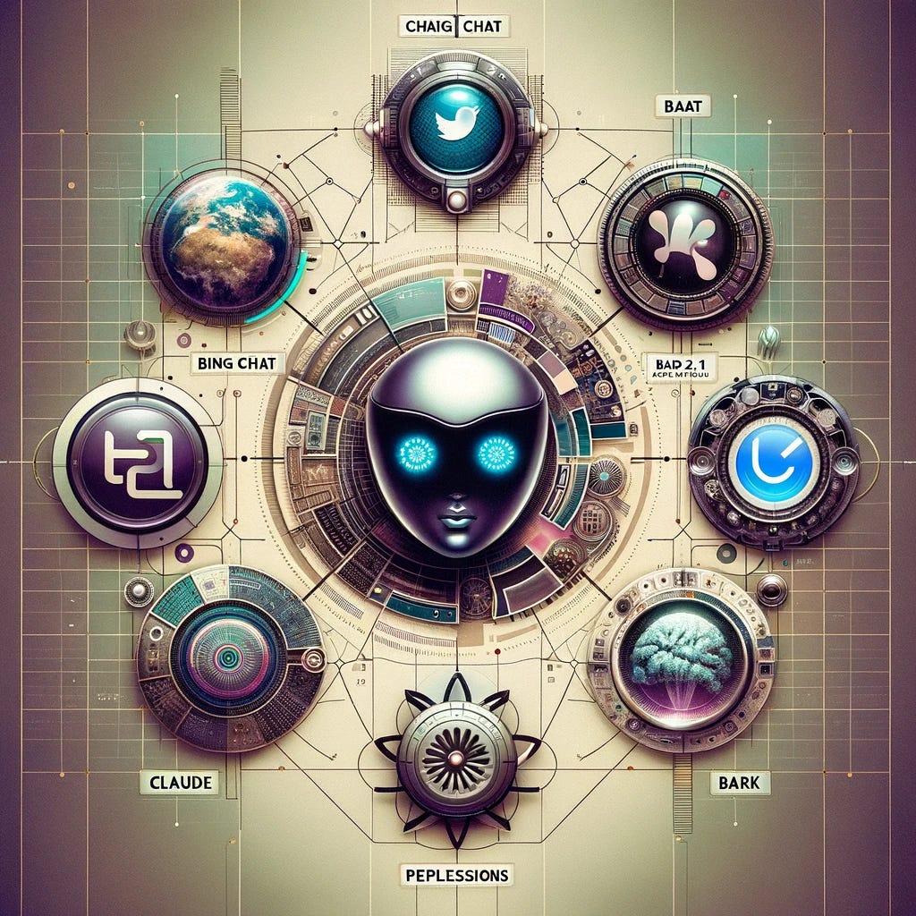 A collage representing the major AI chatbots of 2023: ChatGPT, Bing Chat, Claude 2.1, Perplexity, Bard, and Grok. The collage includes symbols or logos representing each chatbot, arranged in an aesthetically pleasing and balanced composition. The background is subtly futuristic, complementing the theme of advanced AI technologies.