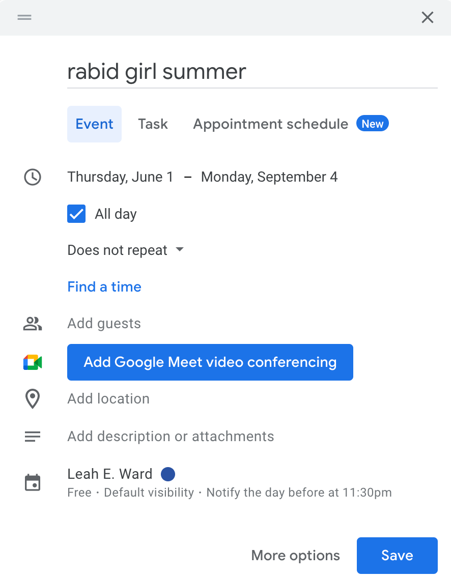 google calendar event invite for rabid girl summer (June 1 - Sept. 4)
