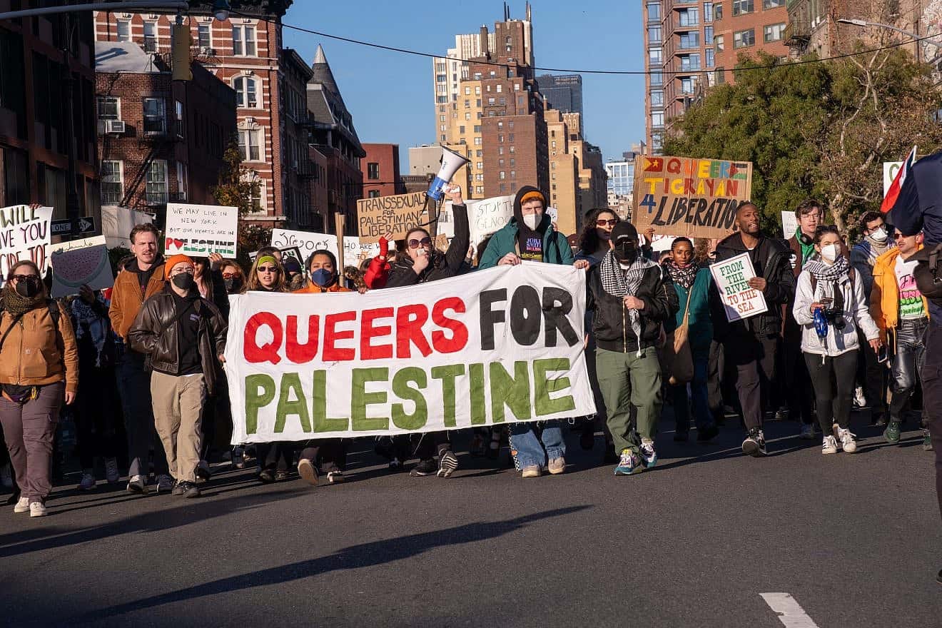 Protesters hold a "Queers for Palestine" sign in New York City on Nov. 12, 2023. Credit: Syndi Pilar/Shutterstock.