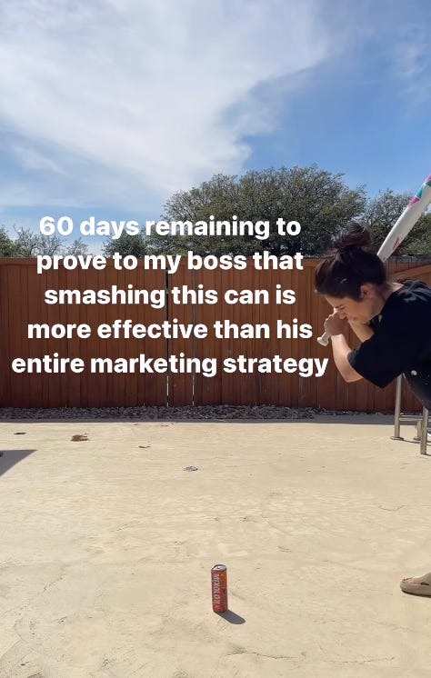 Nicole smashing a can with a baseball bat and on-screen text that reads “60 days remaining to prove to my boss that smashing this can is more effective than his entire marketing strategy.”