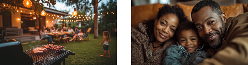 Two cozy family moments: the left shows a backyard barbecue at dusk with food grilling, string lights glowing, and people gathered at a table, enjoying an outdoor evening together. The right captures a close-up of a smiling family of three snuggled together on a couch, exuding warmth and togetherness.