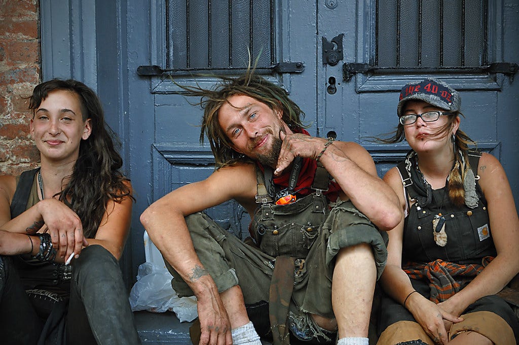 Some deliberately homeless people who identify as "gutter punks." https://www.flickr.com/photos/thenorthcutts/6624788099