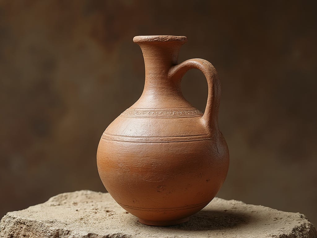 A simple, rustic earthenware bottle sits on a stone surface, symbolizing the potter's creation mentioned in the scripture. The bottle, crafted from clay, represents a vessel of humility and fragility. The muted background emphasizes the ancient and sacred context of the verse, where God commands the prophet to take this bottle as a symbol to deliver His message to the elders of the people and priests. The earthenware's texture and form highlight the timelessness of this divine metaphor.