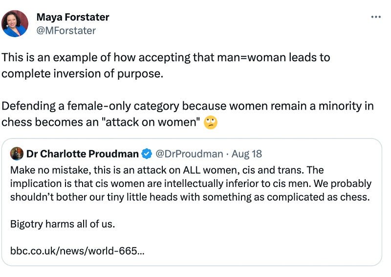 This is an example of how accepting that man=woman leads to complete inversion of purpose.   Defending a female-only category because women remain a minority in chess becomes an "attack on women" 🙄