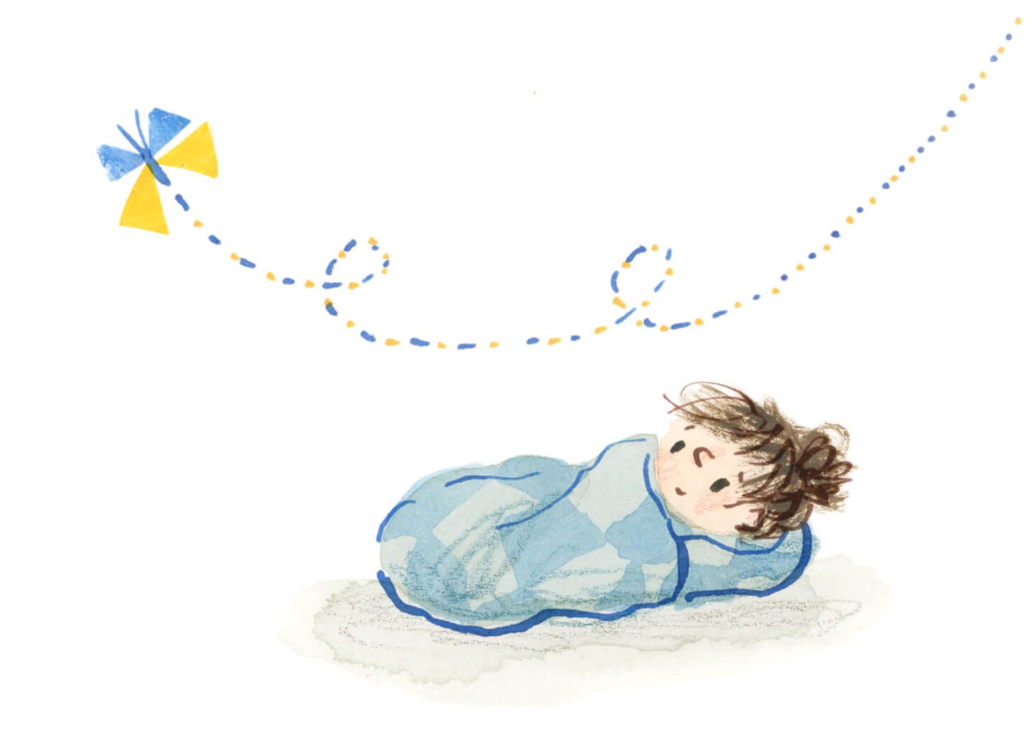 Young caucasian girl wrapped in a blue blanket, looks up happily as a butterfly flies past her towards the left of the image. Illustration by Nanette Regan