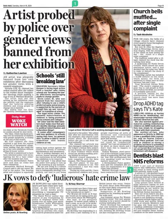 Daily Mail page from 18 March with three anti-trans articles