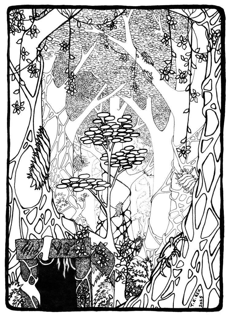 pen drawing of alien forest with centipedes