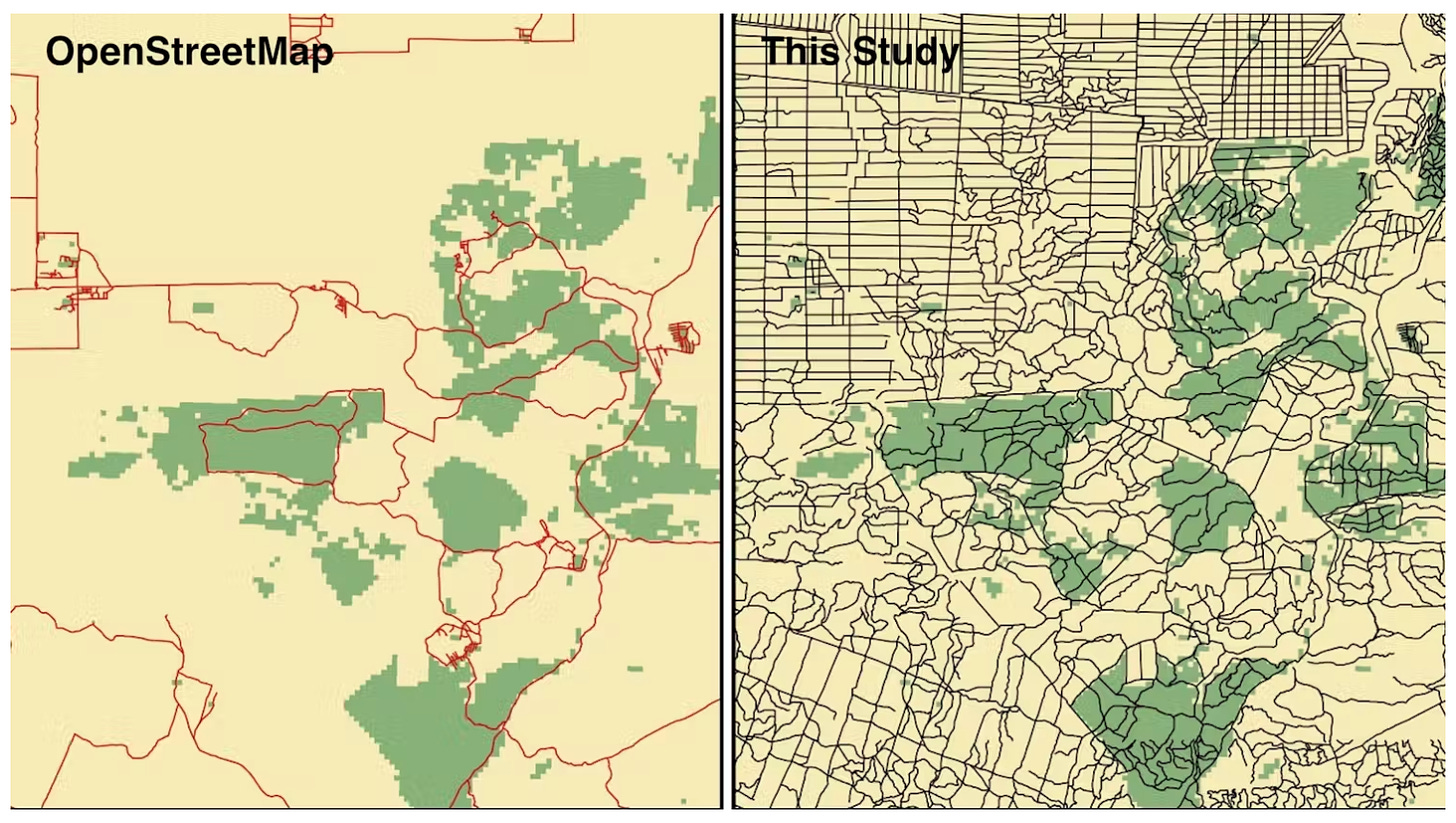 Two maps, the left showing official roads, and the right indicating a vast network of "ghost roads" through a forest.