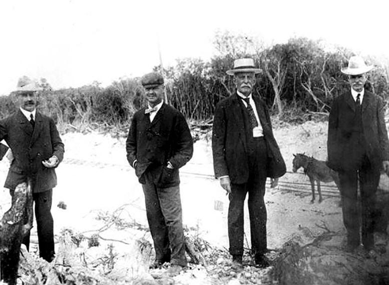 James Ingraham is seen standing in a photograph that includes (from left to right) himself, Joseph Parrott, Henry Flagler, and V.Y. Porter on Windley Key in 1906.