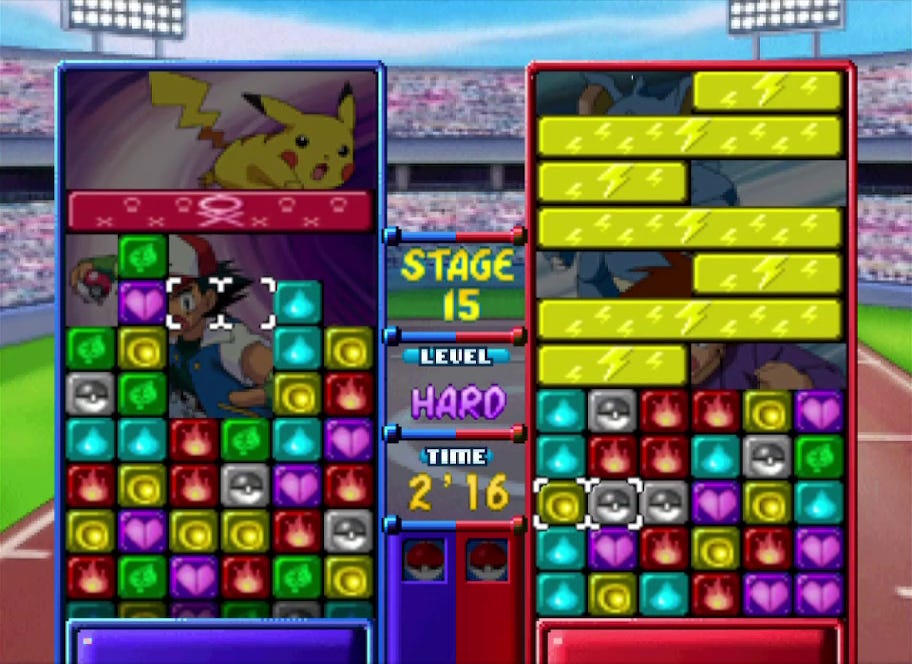 The objective of Pokémon Puzzle League is to clear blocks from the battlefield that continuously fill the screen. You can face many popular characters from the video games and anime