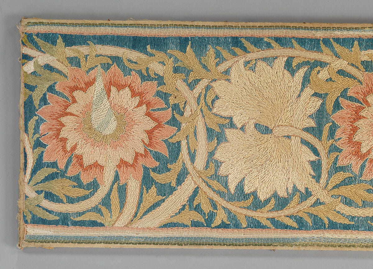 Five pink flowers with foliated tendrils, Morris &amp; Company, Linen embroidered with silk, in non-original frame, British 