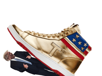 Donald Trump being crushed under one of his new line of sneakers