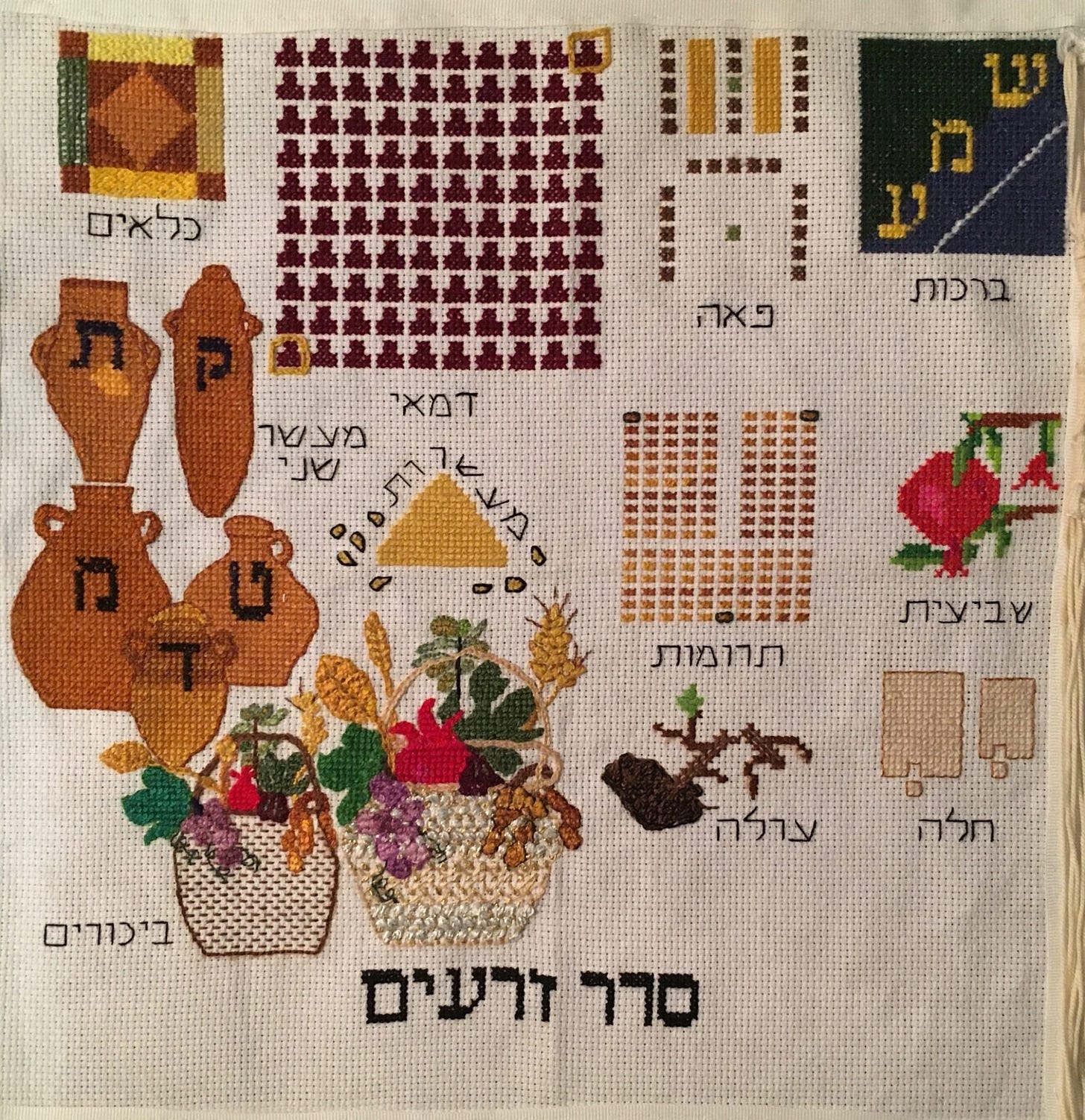 Needlework representing each of the tractates of mishna zeraim ("seeds)--prohibited mixtures, first fruit, blessings, corners, tithes, etc. Needlework representing each of the tractates of mishna zeraim ("seeds)--prohibited mixtures, first fruit, blessings, corners, tithes, etc.
