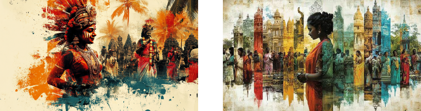 Two illustrations blending tradition and culture: the left shows a performer in traditional attire and headdress with a backdrop of temples and palm trees, enhanced by splashes of vibrant colors. The right features a woman in traditional dress surrounded by layered images of temples and people, merging heritage with soft, warm hues.