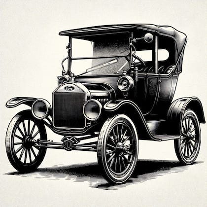 DALL·E 2024-01-19 20.54.27 - A Ford Model T car, depicted in a graphic style reminiscent of a New York Times newspaper print. The image should capture the vintage essence of the M.png