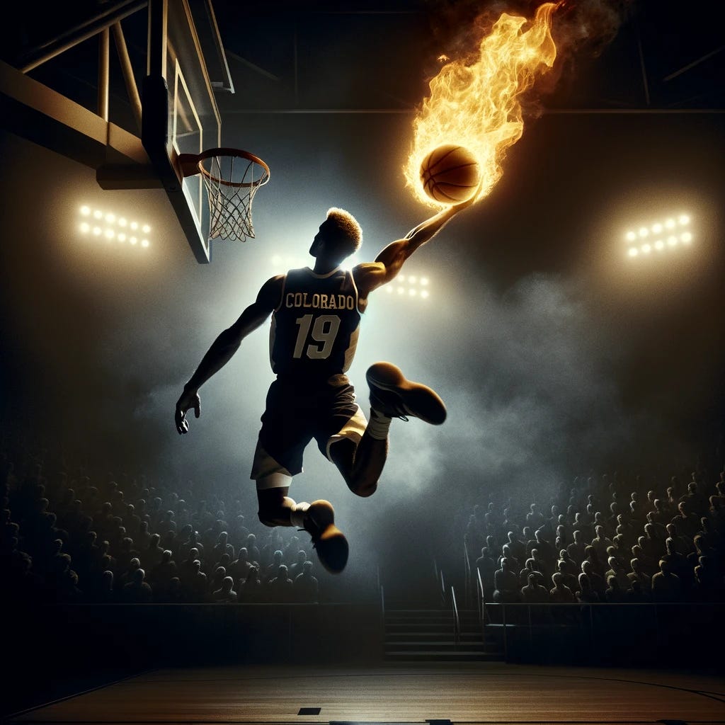 A basketball player captured at the apex of a soaring jump, moments away from executing a windmill dunk. The scene is set in a very dark stadium, with the player brilliantly lit by overhead lights. The basketball, while still on fire, has subtler flames, about half as intense as before, providing a dramatic yet less overwhelming effect. The player's jersey, marked with "Colorado" and the number 19, reflects the toned-down firelight. The crowd is deeply shadowed, almost invisible, ensuring the player and the moderately fiery basketball are the central focus of the image.