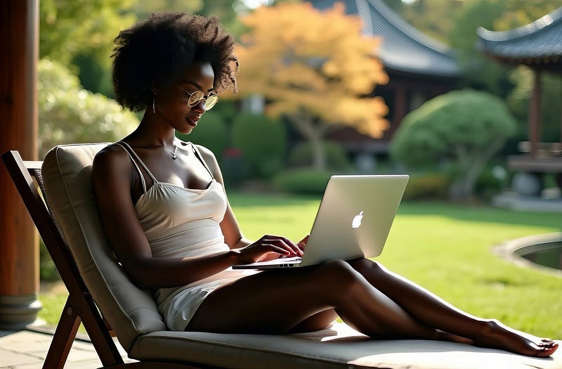 African woman sitting on a deck chair in a Japanese garden typing on her MacBook Pro.