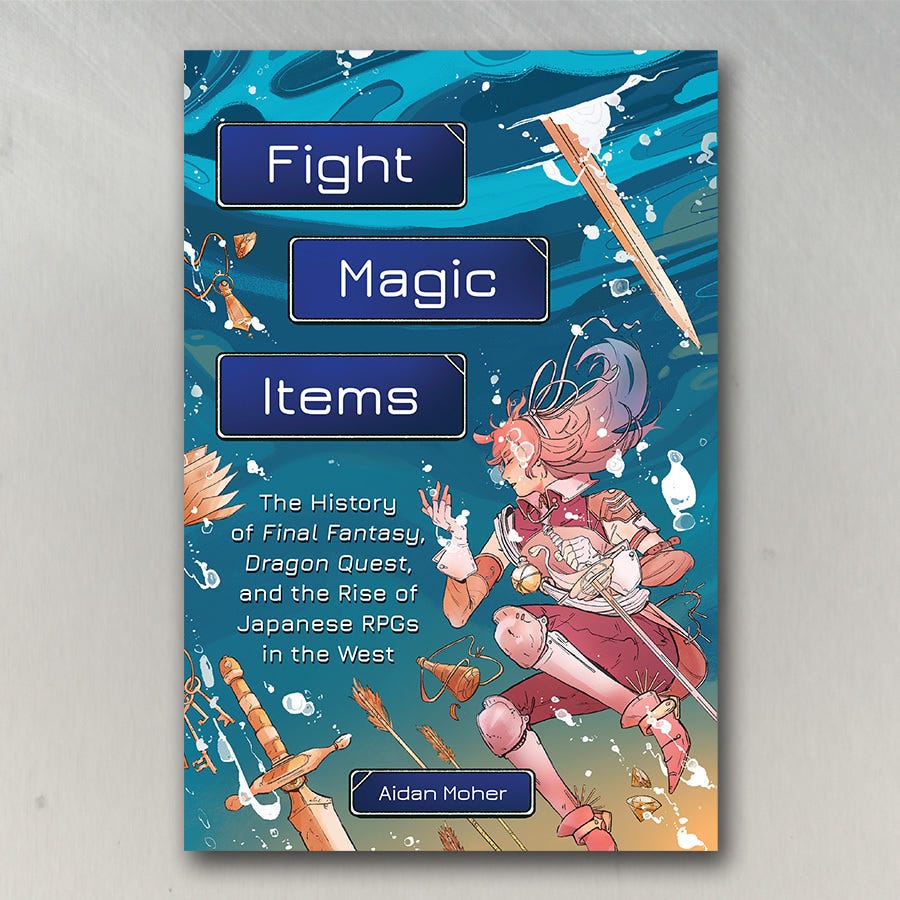 A promotional photo of Fight, Magic, Items, of the book itself — crystals, arrows, swords, keys, a long-haired protagonist, it's got all those classic JRPG visual markers.