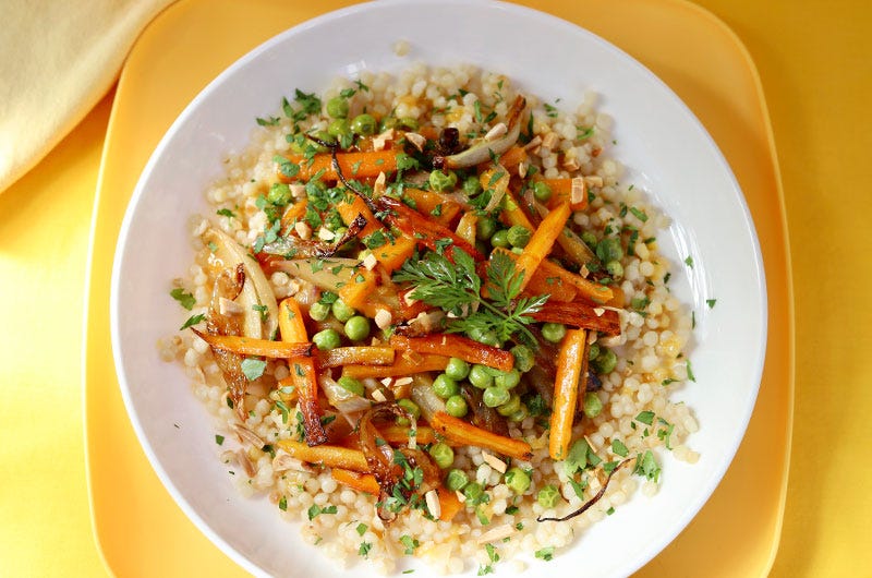 Carrots, Peas & Pearl Couscous with Citrus Herb Butter Sauce, Cook the Vineyard