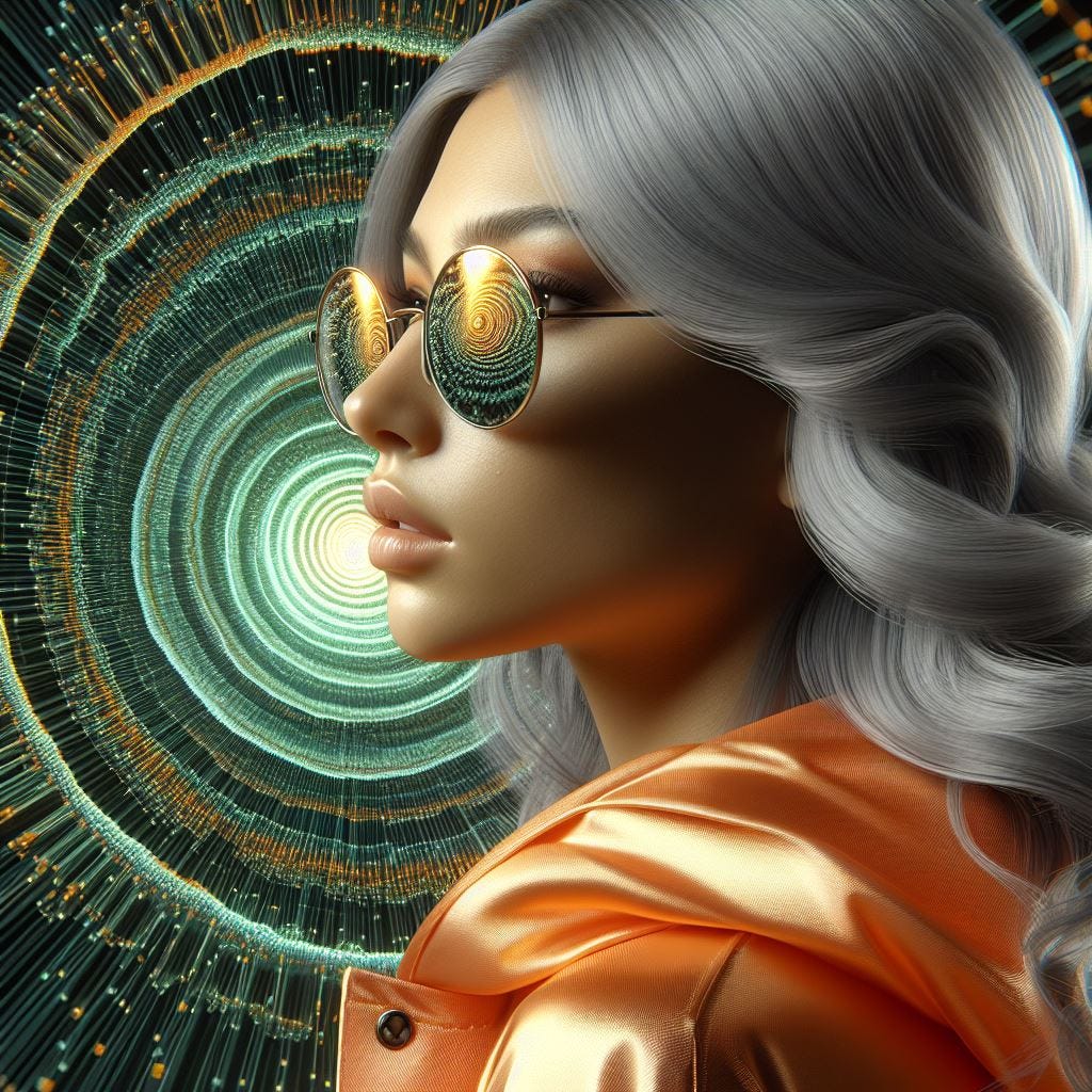 Hyper realistic;Close up black woman silver hair wearing irridescent sunglasses digital code reflected in.light orange silk cape with Woman in foreground with a jacket made of macro image of biology under blackfeild microscopy. The background is a spiral of squares. They spiral to a point and disappear in the center of the screen. a dark green background with see through squares with thin neon green and yellow light as trim.