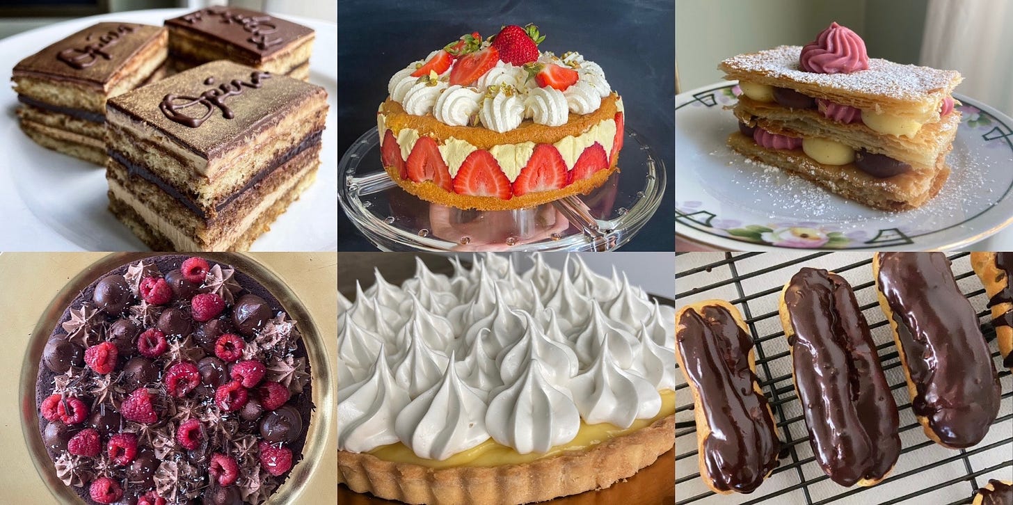 pictures of french pastries: opera cake, fraser cake, eclairs, and tarts