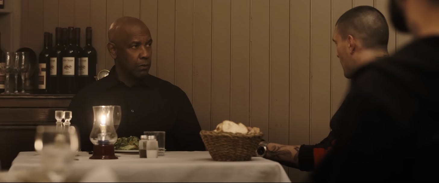 Denzel Washington trying to enjoy a nice meal in The Equalizer 3.