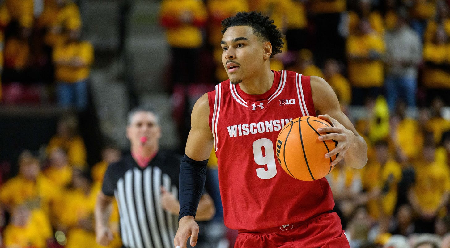 Wisconsin Badgers guard John Tonje (9) handles the ball 