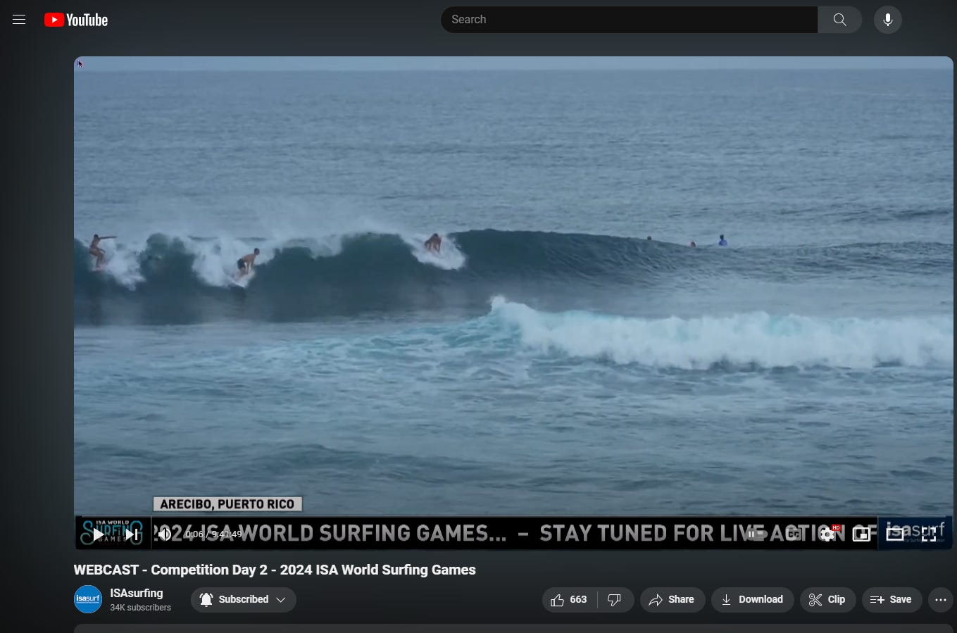 Screenshot of ISA’s YouTube Video for Day 2 of 2024 World Surfing Games