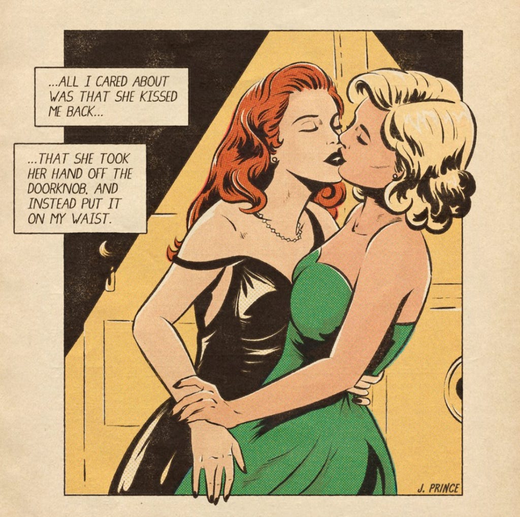 Comic panel of Evelyn and her wife's first kiss.