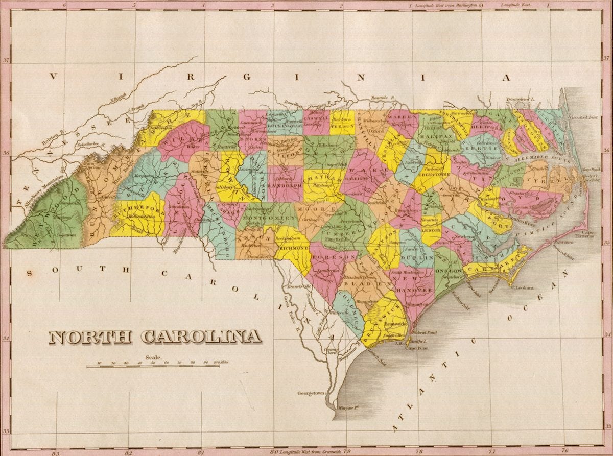 An 1826 map of North Carolina, with counties, roads, settlements, and topographical features. 