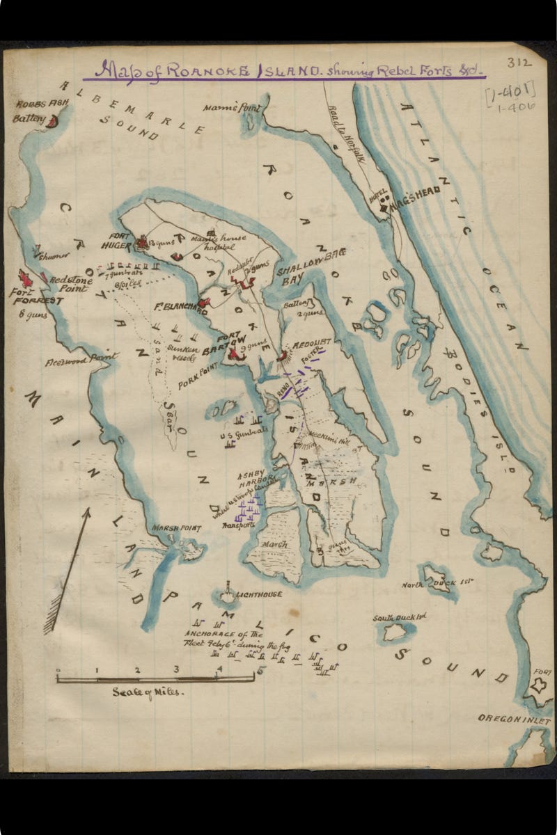 Map of Roanoke Island showing Rebel forts. Source: Library of Congress, Geography and Map Division.