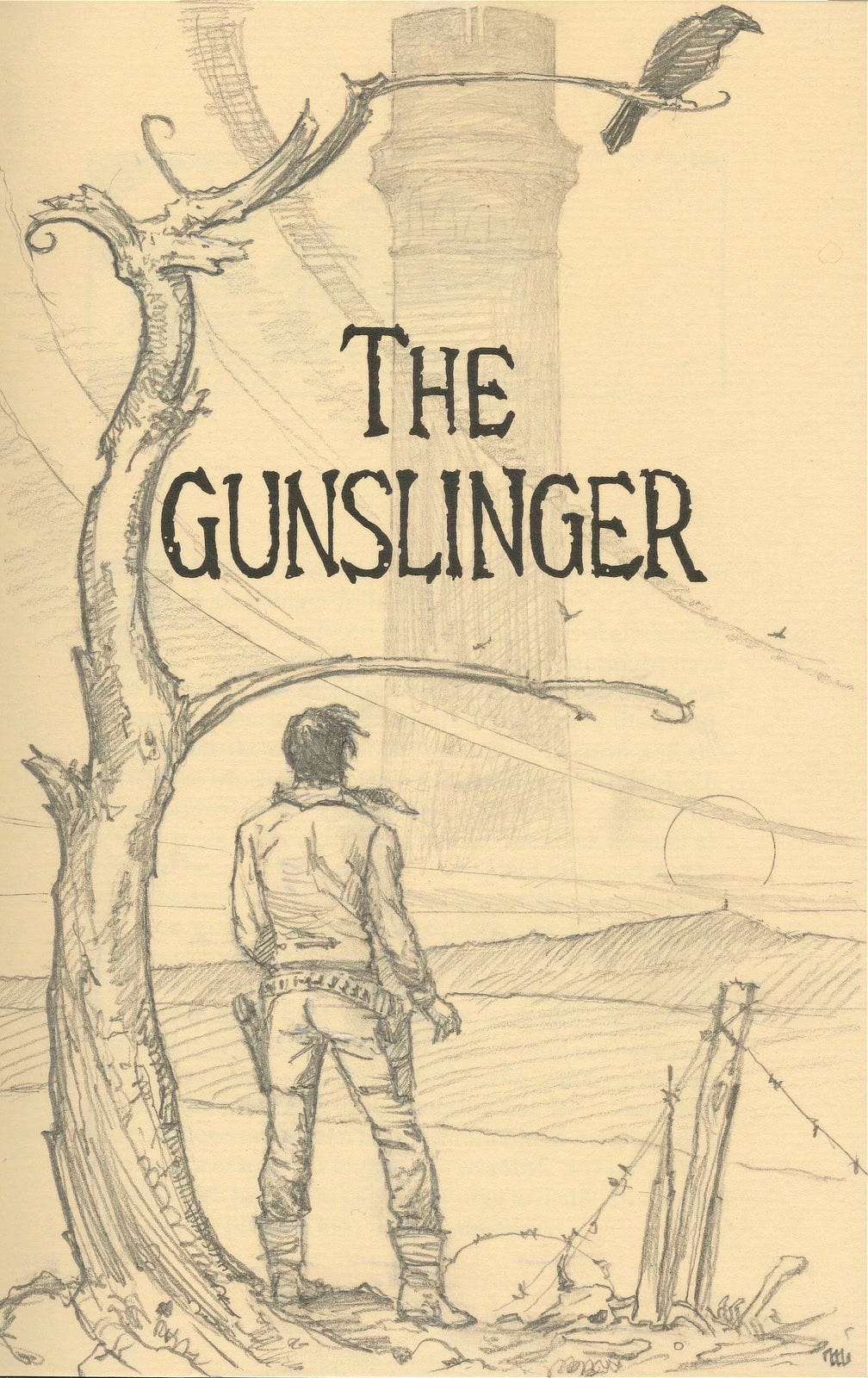 Pencil remarque on the title page of THE GUNSLINGER featuring Roland standing with back to the audience as he stares at the Dark Tower in the distance. The sun is low over the mountains and wind sweeps past. A barren tree rises next to him with bare, desiccated branches framing the title. A raven perches atop. In the lower right, a barewire is strung to a broken fence picket.