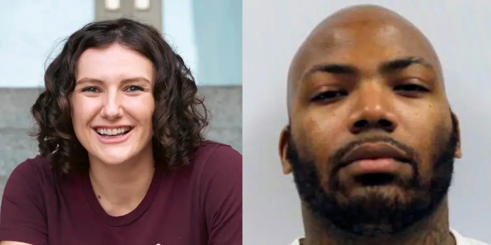 Pictures of a dead white woman and a black guy's mug shot