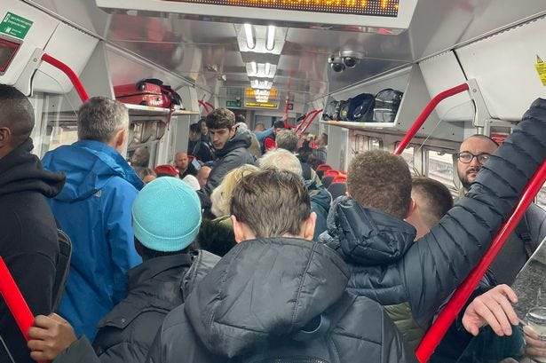 A crowded train from Cardiff to Holyhead on Monday, October 16, 2023