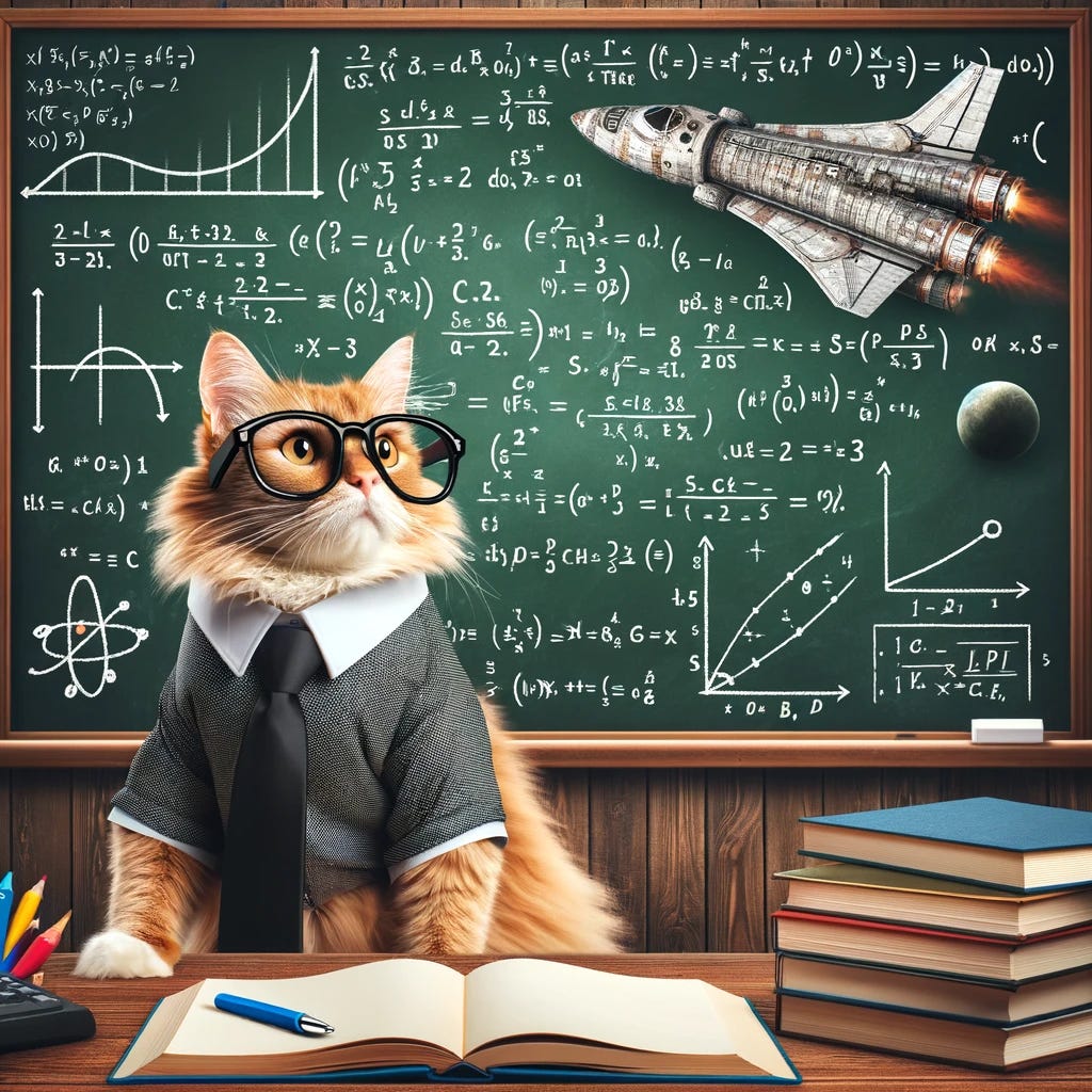A humorous scene depicting a cat looking at a complex astrophysics equation on a chalkboard, looking confused and overwhelmed, in a classroom setting. The cat is wearing glasses and a tie, symbolizing a job candidate. The background shows a spaceship, indicating the leap from understanding simple concepts to complex ones, with a chalkboard filled with mathematical formulas and space illustrations.