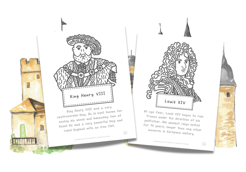 This image shows two king coloring pages: one with King Henry VIII and another with Louis XIV