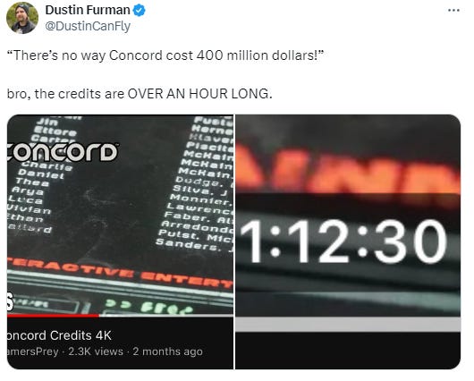 Tweet claiming Concord cost $400 million and that the credits are an hour long