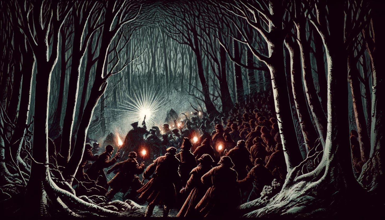 A dark, suspenseful forest scene at night, colored with deep maroon and grey tones. The forest is dense with twisted trees and thick undergrowth. A mob of villagers, their faces tense with fear and determination, surge forward with torches that cast long shadows and bright spots of light through the darkness. The scene captures the intensity and urgency as they search through the woods, with some villagers pointing towards a shadowy area where something might be hiding.