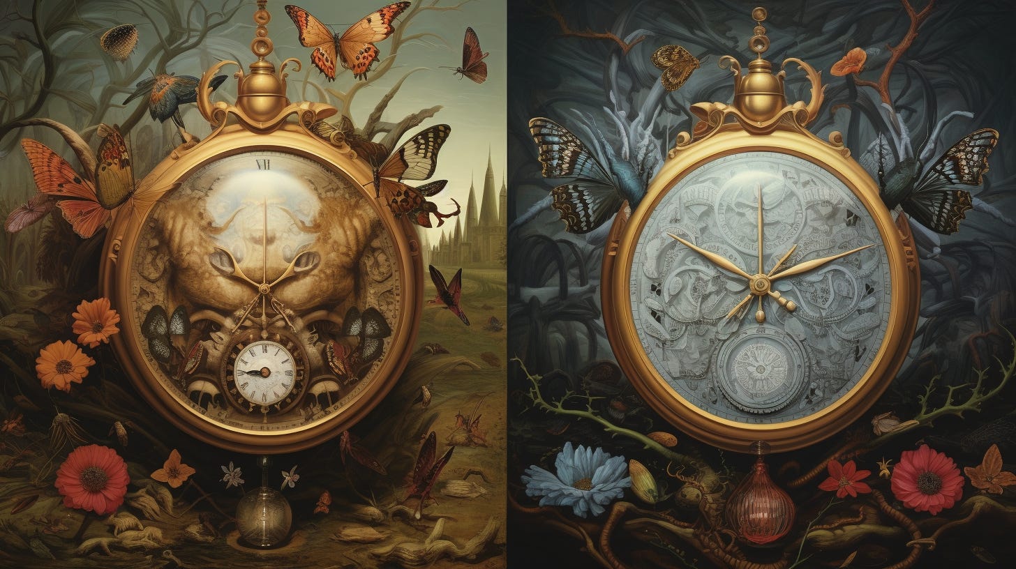 Two elaborate pocket watches set on nature backgrounds, on the left a fall vibe with golden and red colors. On the right a winter vibe with a dark background. 