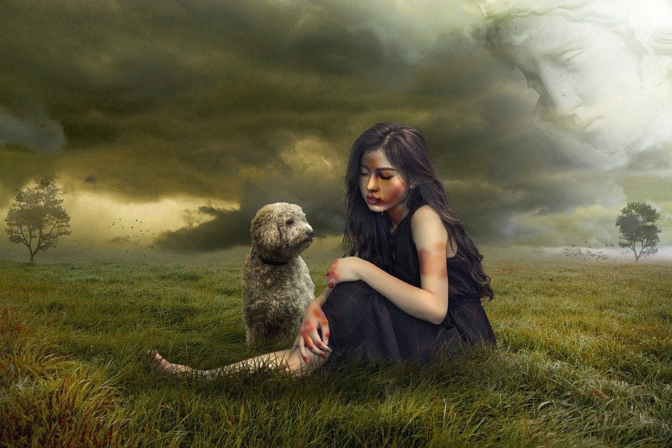 Young girl and dog on grass with clouds in background. Looks like a painting.