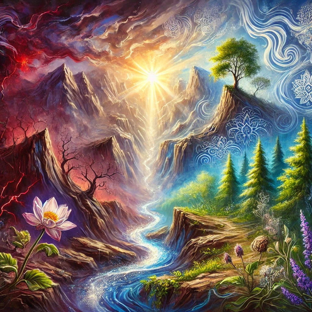 A vibrant oil painting depicting a journey from pain to empowerment. In the foreground, a rugged, stormy landscape with jagged rocks and dark crimson and gray hues symbolizes pain and struggle. A small wilted flower emerges from a crack in the rock, representing resilience. The middle ground transitions to a serene forest bathed in soft, golden sunlight breaking through dense green foliage, symbolizing growth and adaptation. A flowing, sparkling river winds through this section, surrounded by delicate herbs and patterns inspired by yoga practices. The background ascends into an ethereal, celestial space with swirling light blue, lavender, and white hues representing peace and healing. At the apex, a radiant lotus blooms under a soft sunrise, symbolizing hope, empowerment, and transformation. The painting uses bold, expressive brushstrokes and transitions from dark and intense colors to soft and luminous tones.