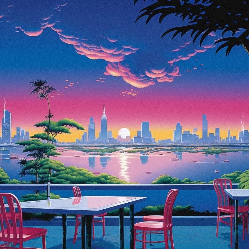 AI art: city skyline in Hiroshi Nagai's style.