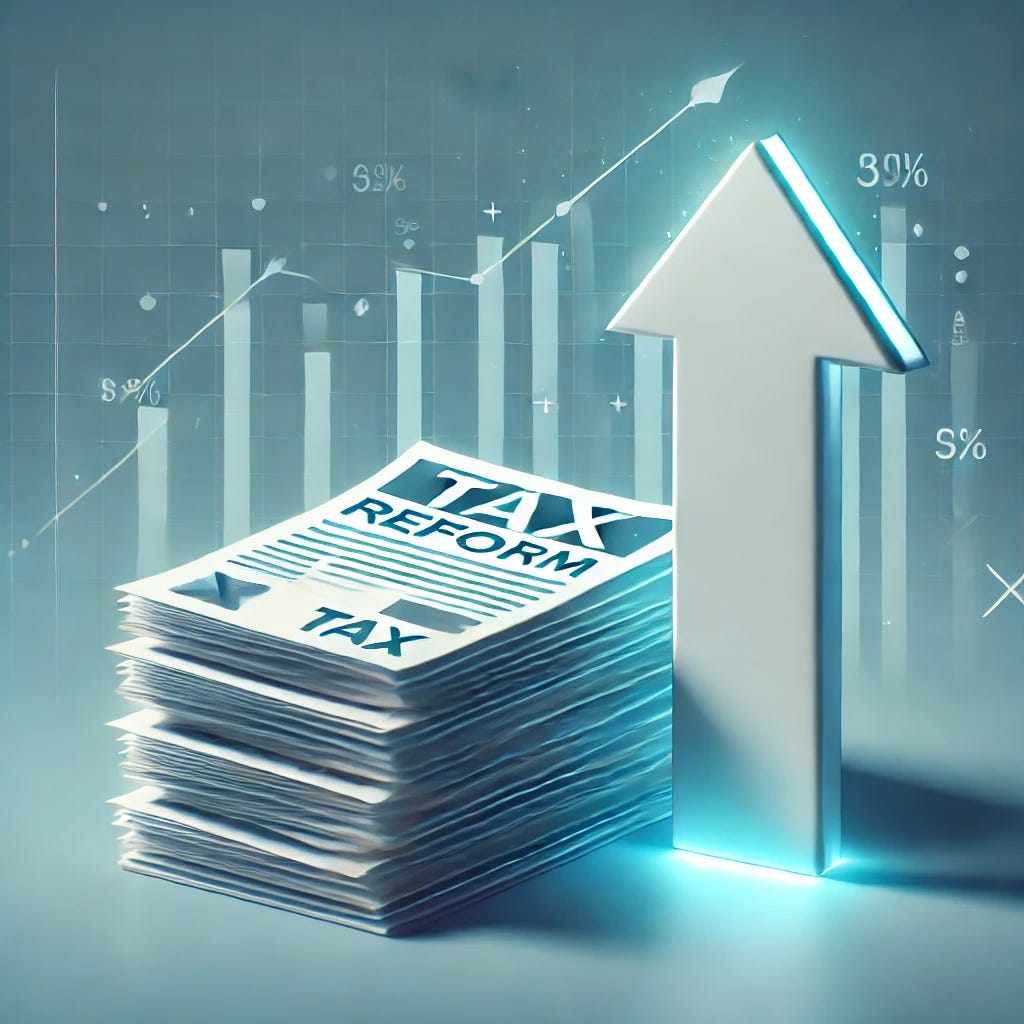A clean and modern conceptual illustration in cool blue tones representing tax reform and economic growth. The image features a stack of simplified tax documents next to a glowing upward arrow, symbolizing a more efficient and growth-oriented tax code. A soft digital background suggests order, clarity, and policy reform. The composition is minimal, sleek, and professional with no visible text or numbers. The overall aesthetic emphasizes clarity, simplicity, and fiscal responsibility.