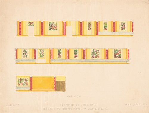 Design drawings for Community Coffee Shops, Wilkes-Barre, PA.] [Proposed wall treatment, interior elevation color study with bosky murals